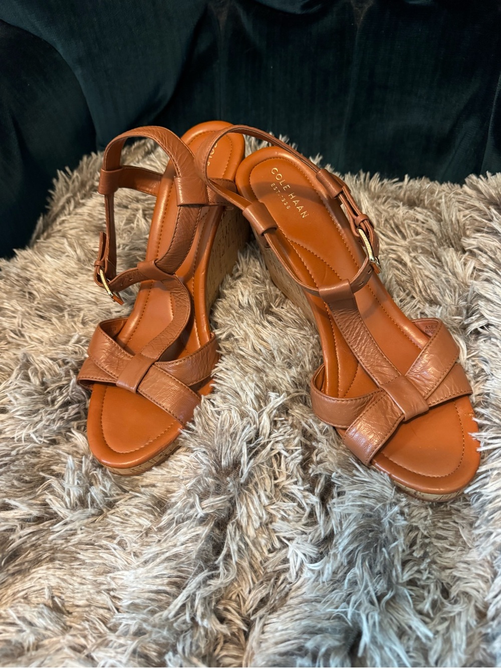 Cole Haan Cognac Leather Wedge Sandals